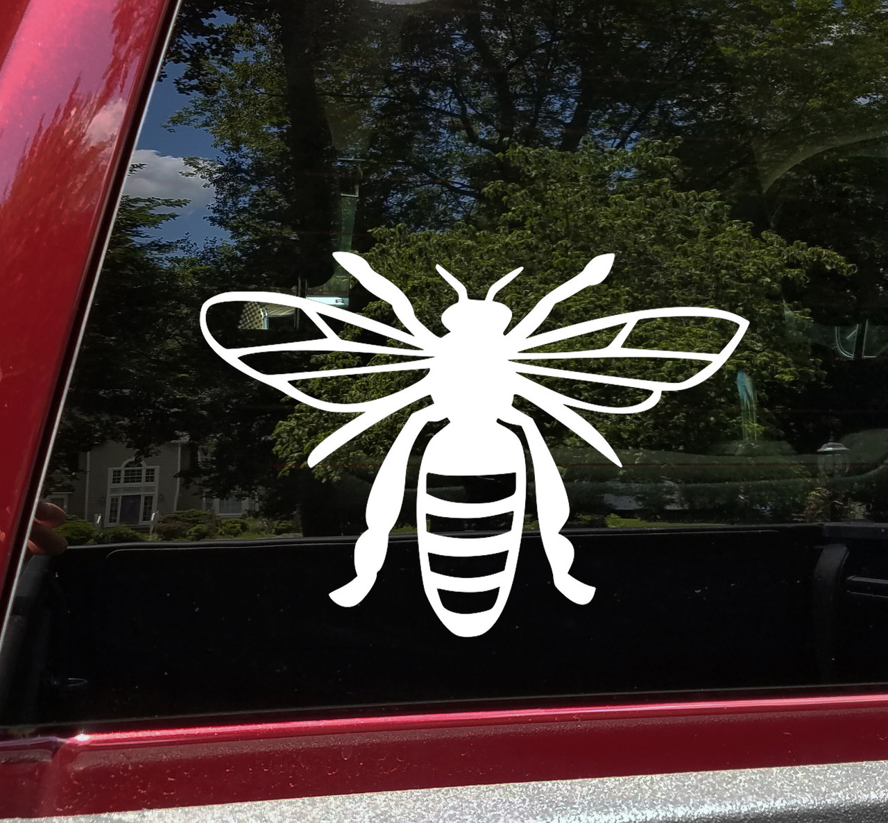 Bee vinyl decal featuring a honeybee with outstretched wings, antennae and striped abdomen