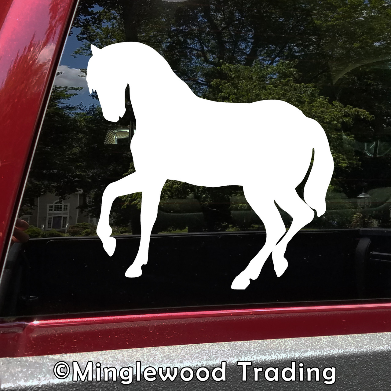 Horse silhouette vinyl decal with raised front leg for equestrian horse trailer farm ranch and vehicle applications