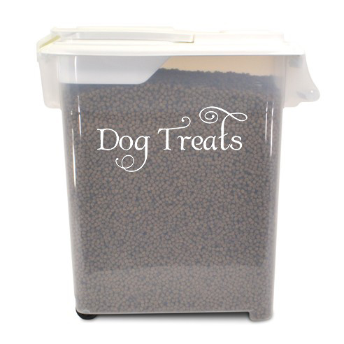 Dog Treats vinyl decal in Albemarle Swash font with decorative flourishes for pet treat jars canisters and storage containers