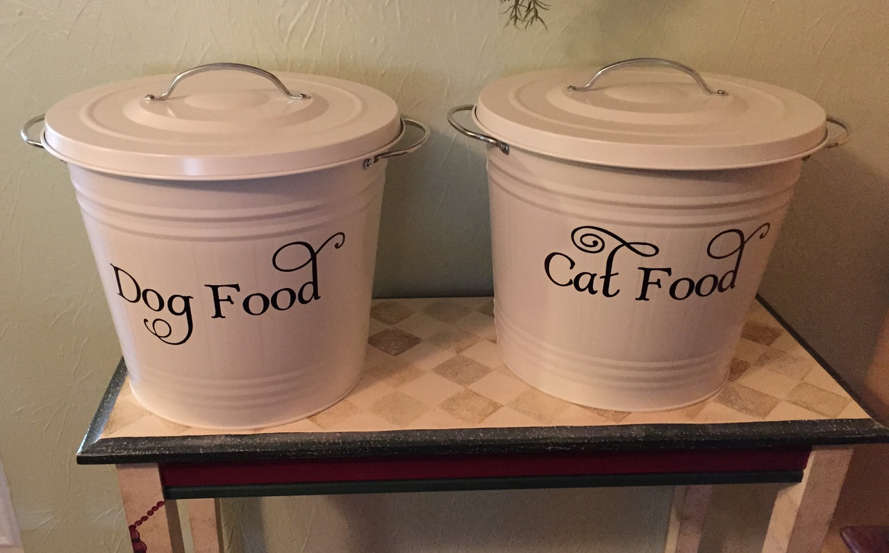 Cat Food vinyl decal in Albemarle Swash font with decorative flourishes for pet food jars canisters and storage containers
