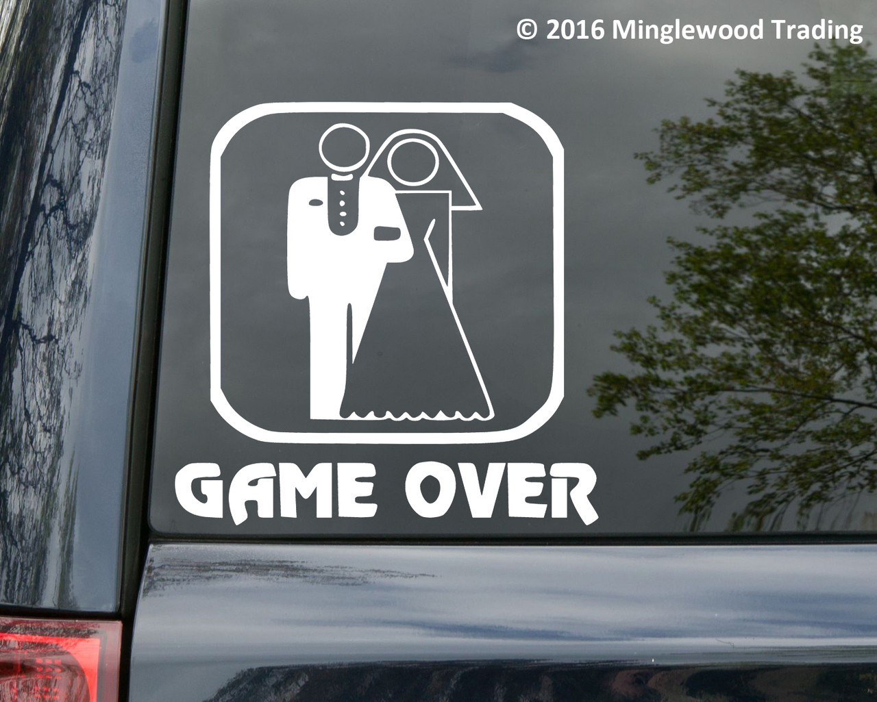 Game Over bride and groom wedding vinyl decal for newlywed marriage vehicle window or reception decor