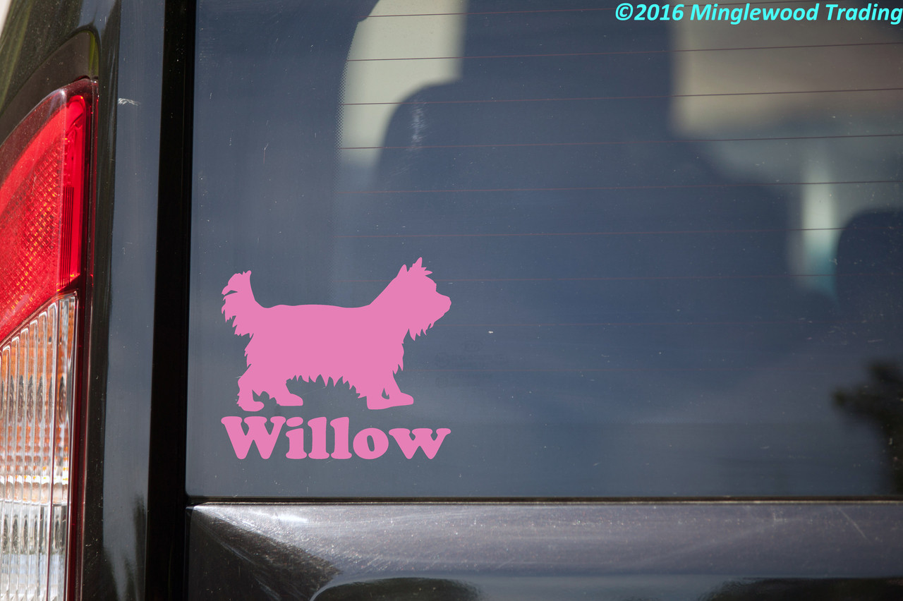 Personalized Yorkshire Terrier Yorkie vinyl decal with custom dog name and full-body silhouette