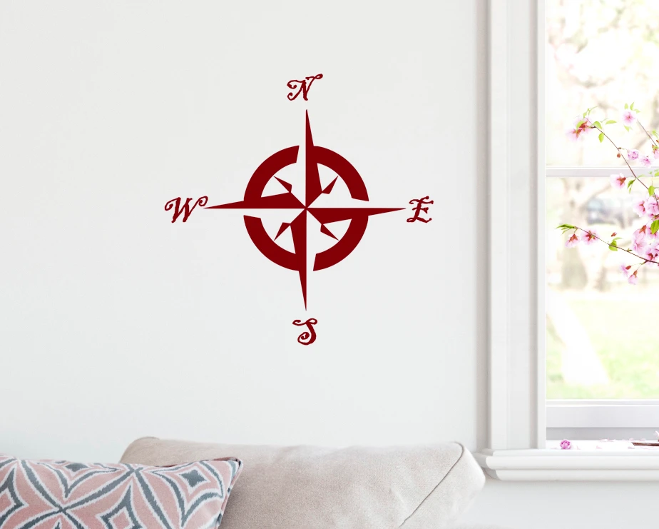 Compass rose vinyl decal with decorative north south east west directional lettering