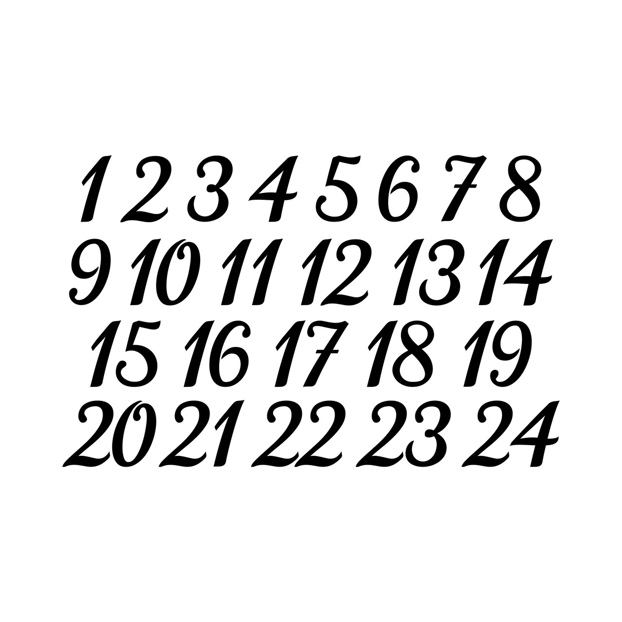 Kathya font table number vinyl decals for wedding reception and event seating available in sets 1-12, 1-24 or 1-50