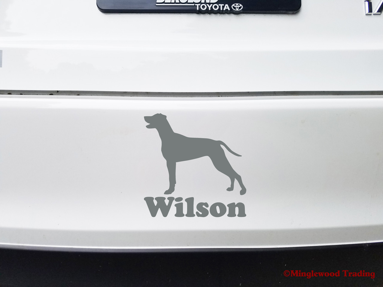Personalized Weimaraner Grey Ghost dog silhouette vinyl decal with custom name and mirror option