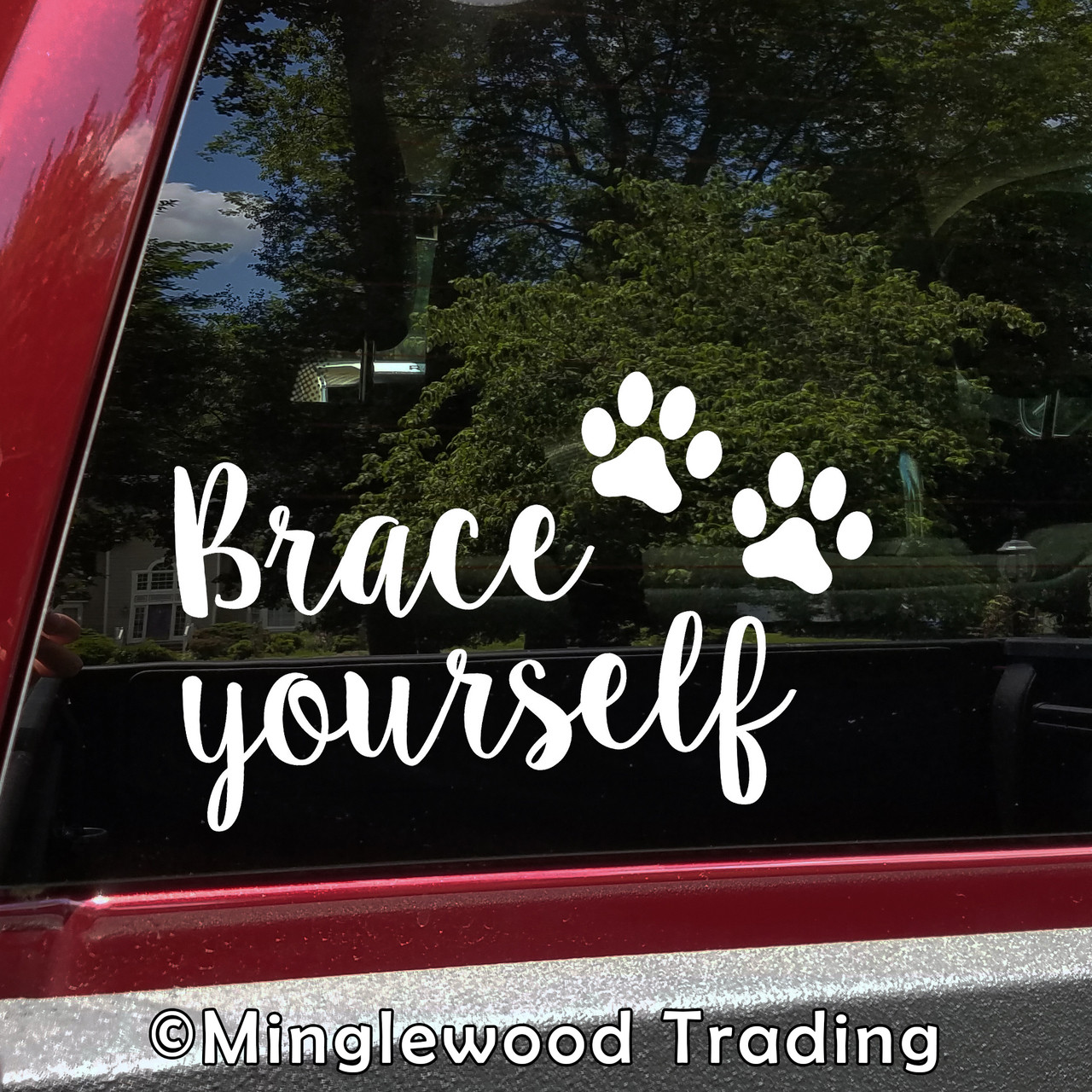 'Brace Yourself' vinyl decal with two paw prints on the back window of a car - ideal Dog lover sign and beware of dog decal