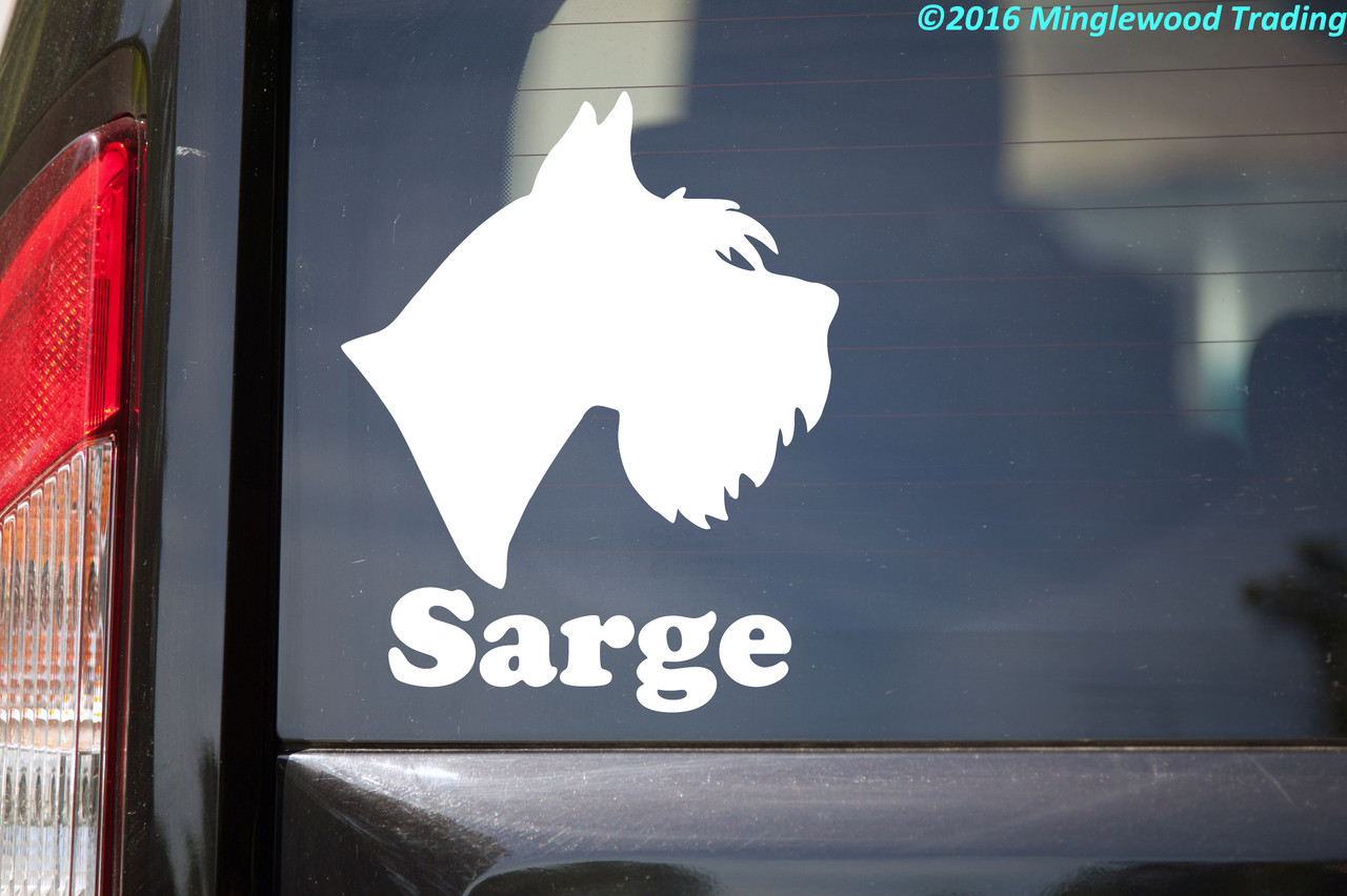 Schnauzer head profile personalized name vinyl decal with bearded dog silhouette and mirror option