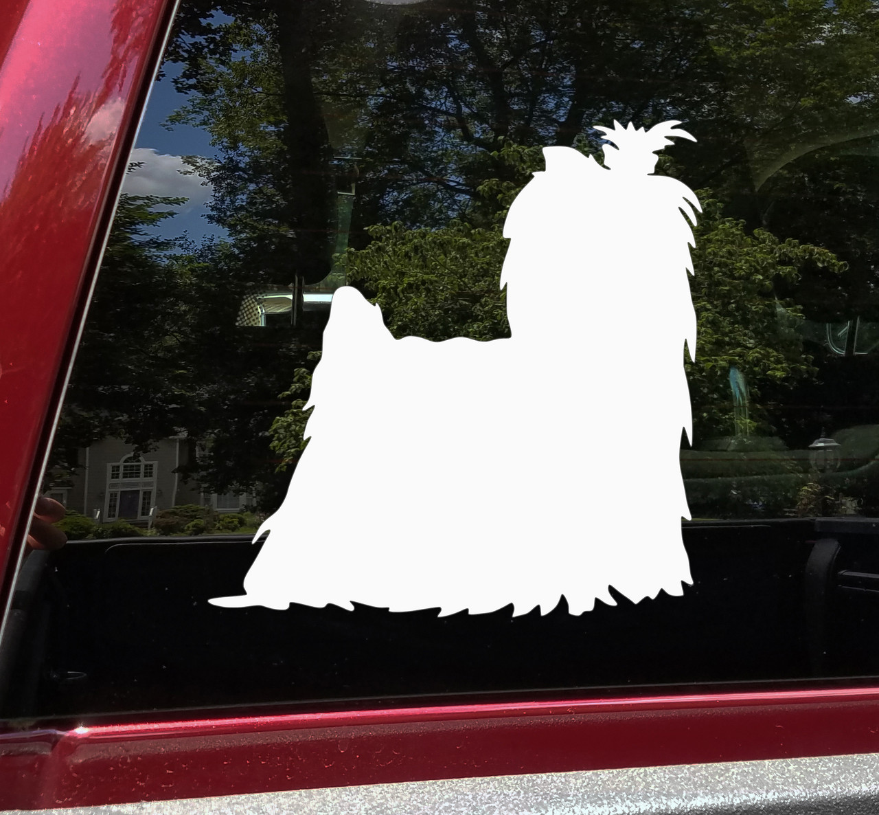 Yorkshire Terrier Yorkie vinyl decal with long coat and topknot silhouette