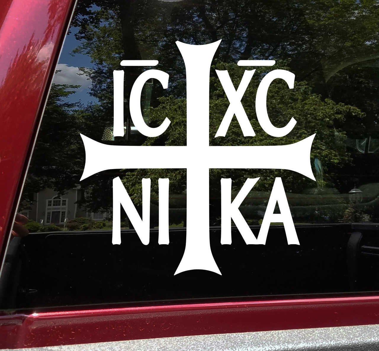ICXC NIKA Greek Eastern Orthodox Holy Seal vinyl decal featuring a Byzantine-style flared Christian cross with IC XC NI KA Greek lettering meaning Jesus Christ Conquers, available in ten sizes with multipack and reverse-cut options