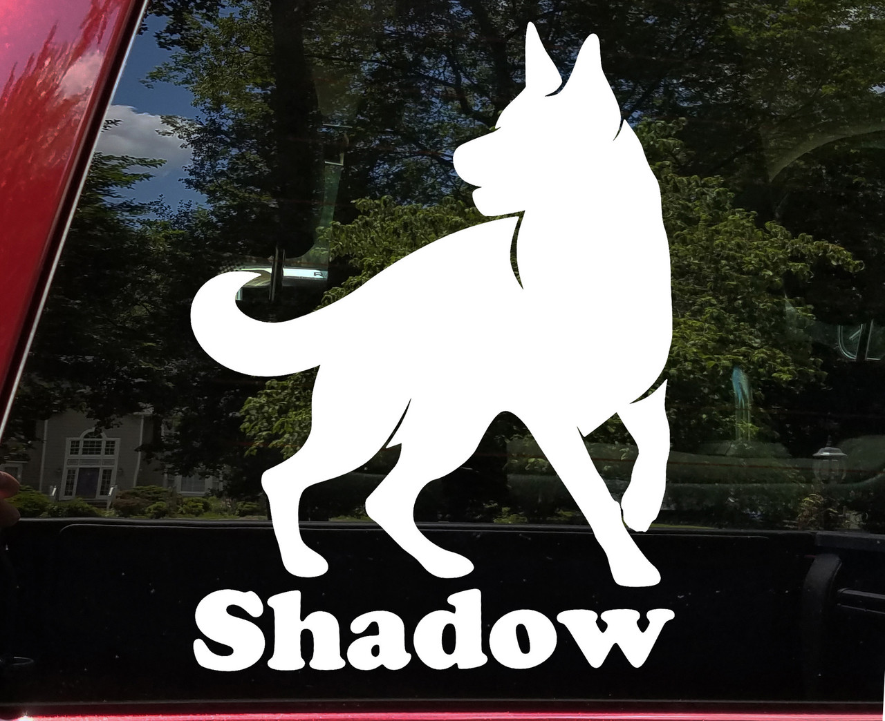German Shepherd GSD personalized name vinyl decal with standing dog silhouette and mirror option