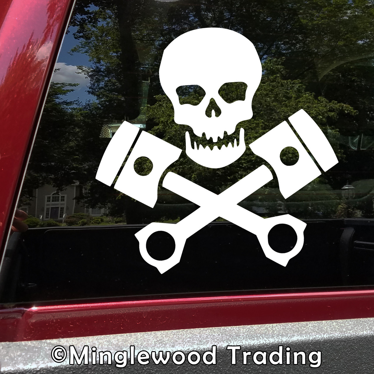 SKULL with CROSSED PISTONS - Vinyl Decal Sticker - Motorcycle Engine - Car Truck Hot Rod Gearhead
