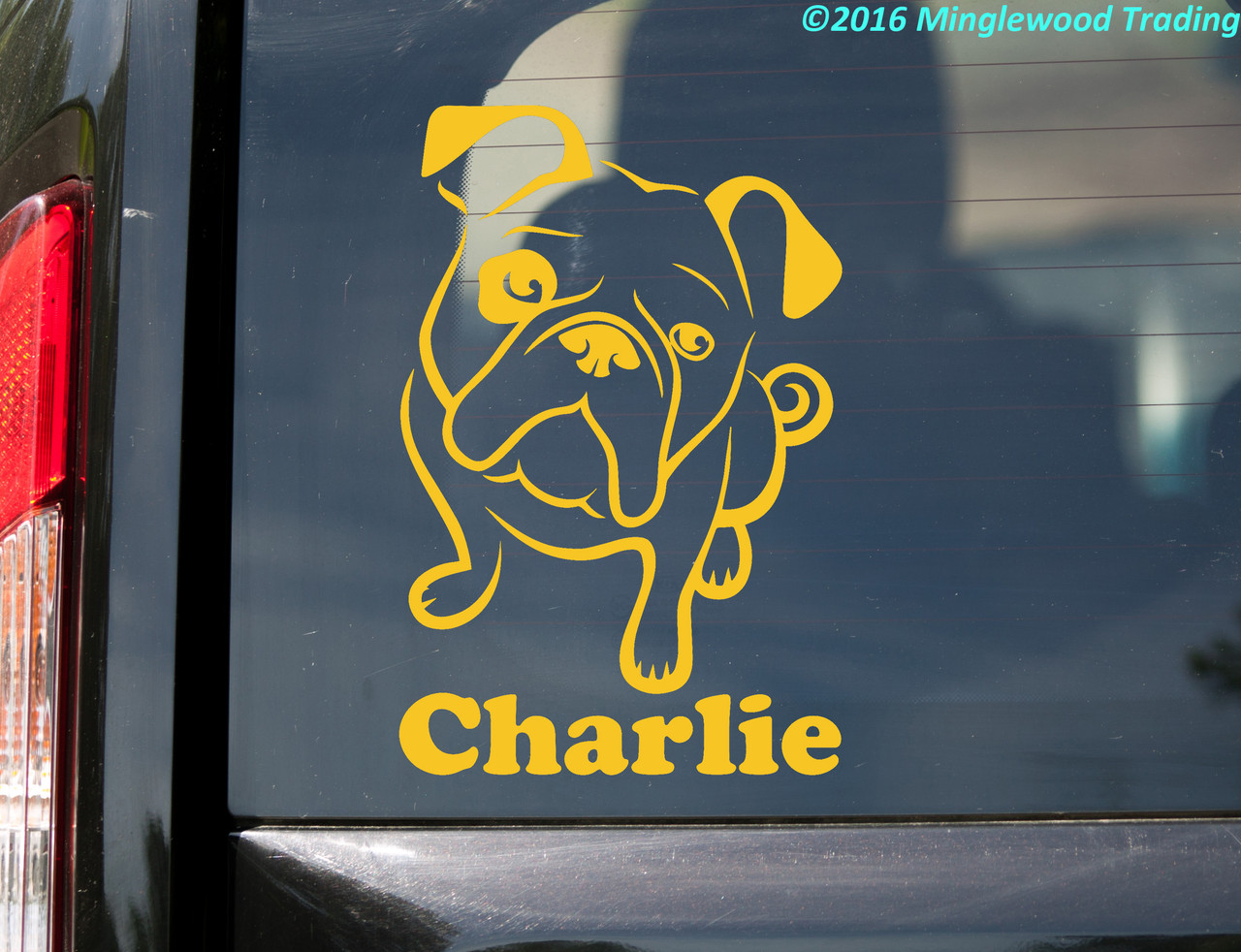 Personalized sitting Bulldog vinyl decal with custom dog name and mirror option