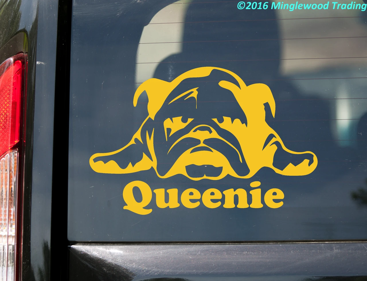 Personalized laying down Bulldog vinyl decal with stretched front paws and custom dog name
