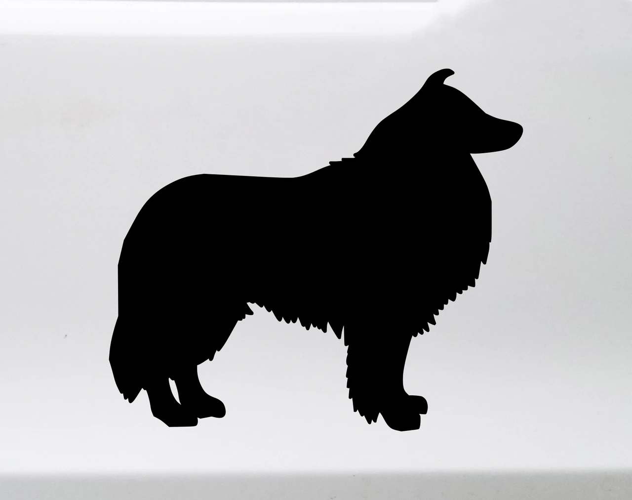 Collie vinyl decal with standing long-coated Rough Collie sheepdog silhouette