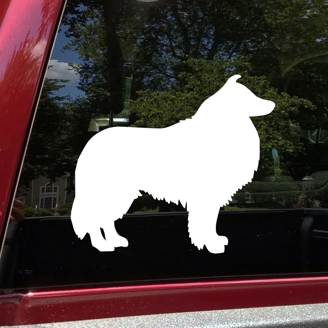 Collie vinyl decal with standing long-coated Rough Collie sheepdog silhouette