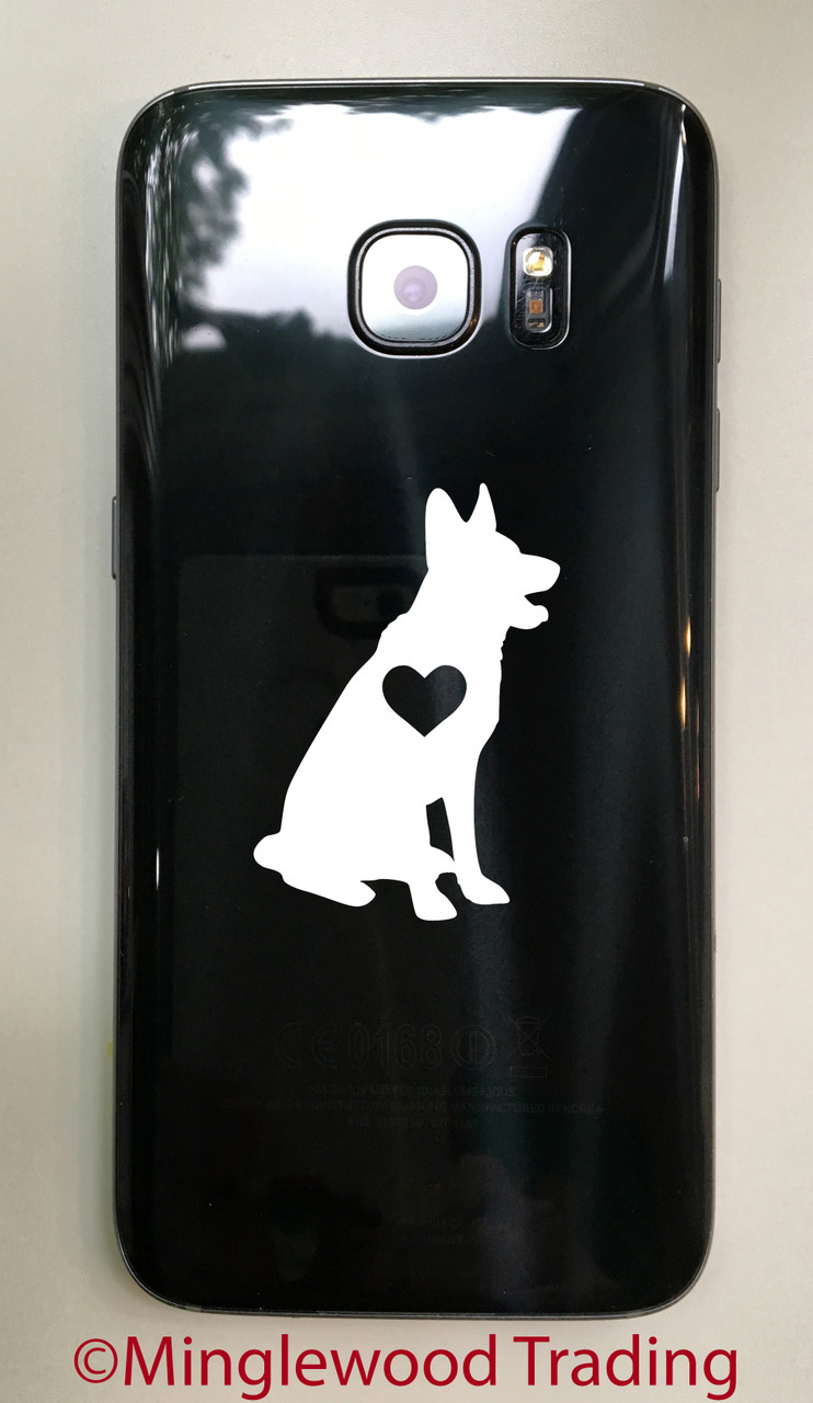 German Shepherd Alsatian Sitting Love Heart vinyl decal featuring a seated GSD dog silhouette with upright ears, open mouth and heart-shaped chest cutout, available in eight sizes including 4-pack, 2-pack and mirror options
