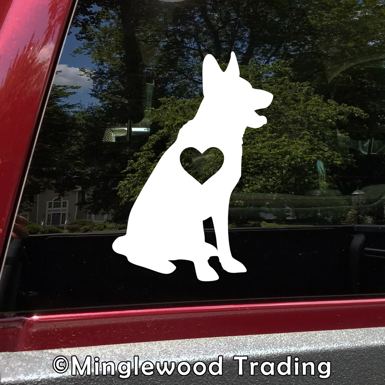 German Shepherd Alsatian Sitting Love Heart vinyl decal featuring a seated GSD dog silhouette with upright ears, open mouth and heart-shaped chest cutout, available in eight sizes including 4-pack, 2-pack and mirror options
