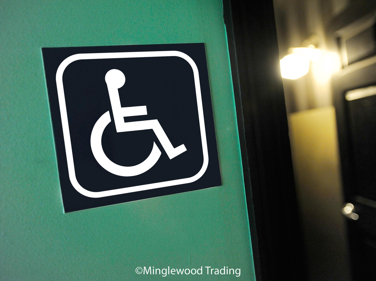 Handicap accessibility wheelchair symbol vinyl decal with border for bathroom restroom doors and facility signs