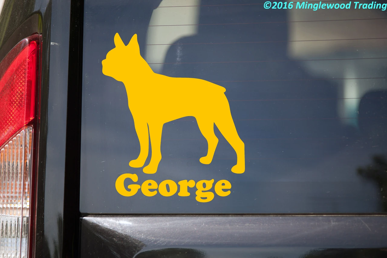 Personalized Boston Terrier Boston Bull dog silhouette vinyl decal with custom name and mirror option