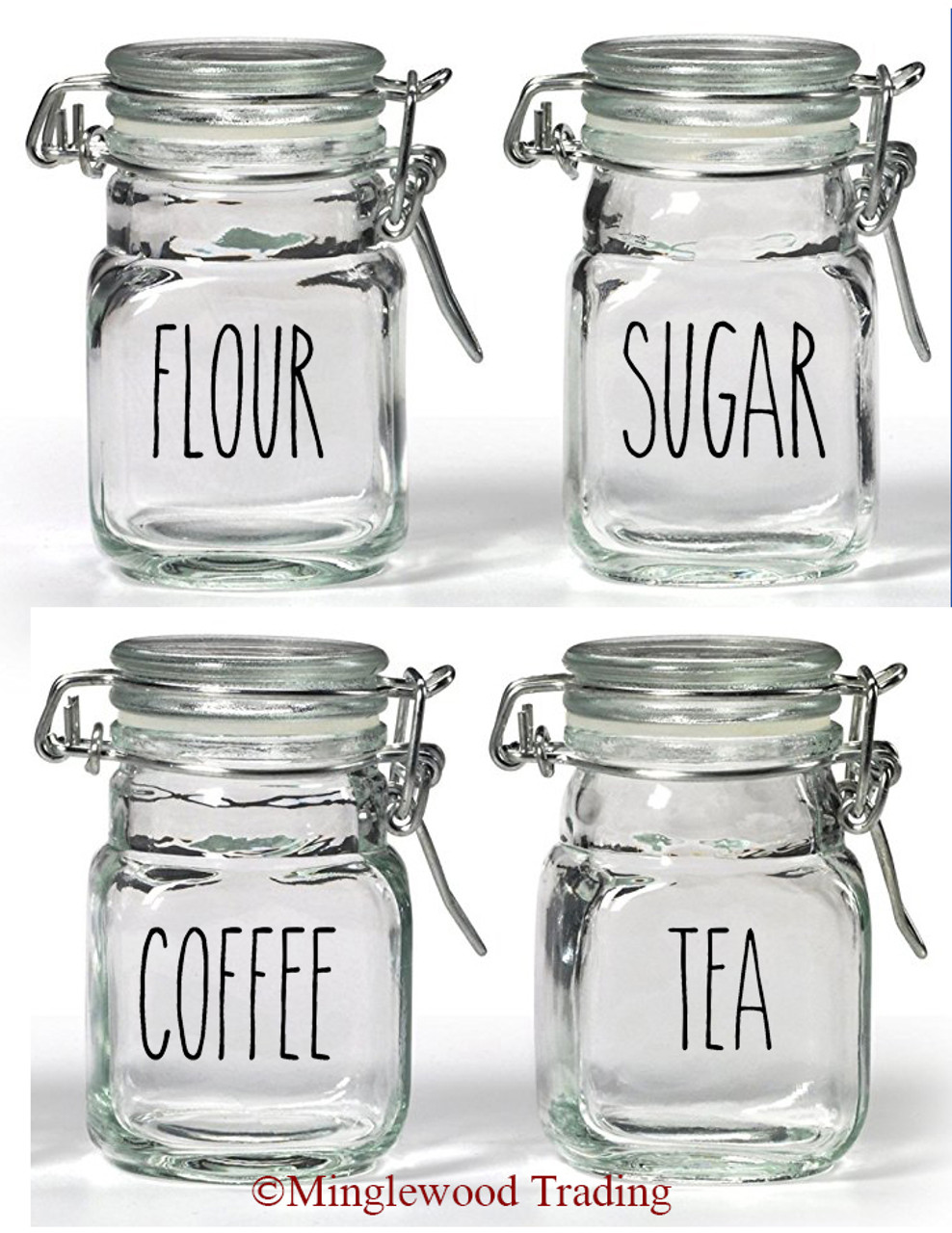 Set of 4 Rae Dunn Inspired Canister Labels V6 Vinyl Stickers - Kitchen Flour Sugar Tea Coffee - Die Cut Decals