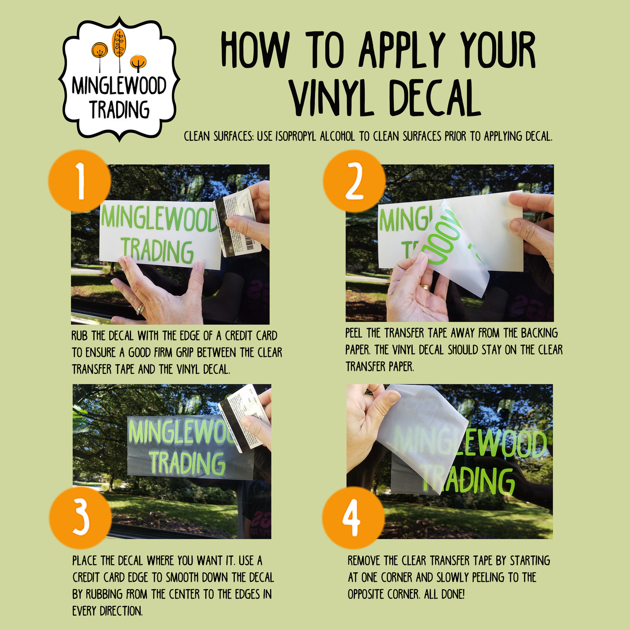 Instructions for applying vinyl die cut decal stickers from Minglewood Trading.