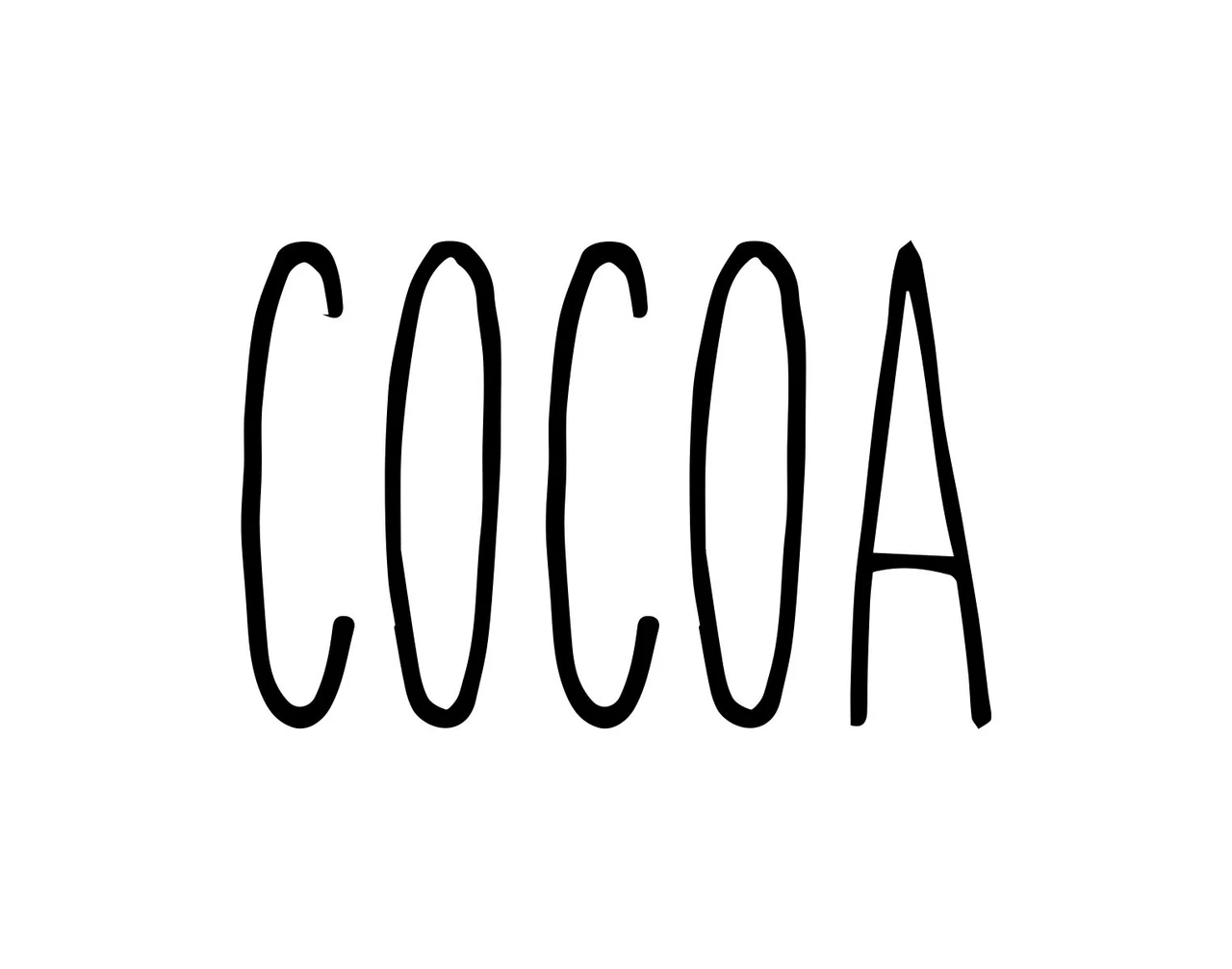 Cocoa vinyl decal featuring tall skinny farmhouse style handwritten lettering displayed on glass window for Christmas hot chocolate bar decorating