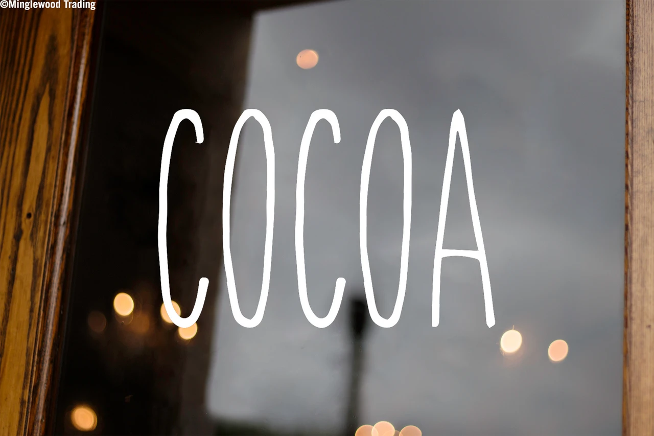 Cocoa vinyl decal featuring tall skinny farmhouse style handwritten lettering displayed on glass window for Christmas hot chocolate bar decorating