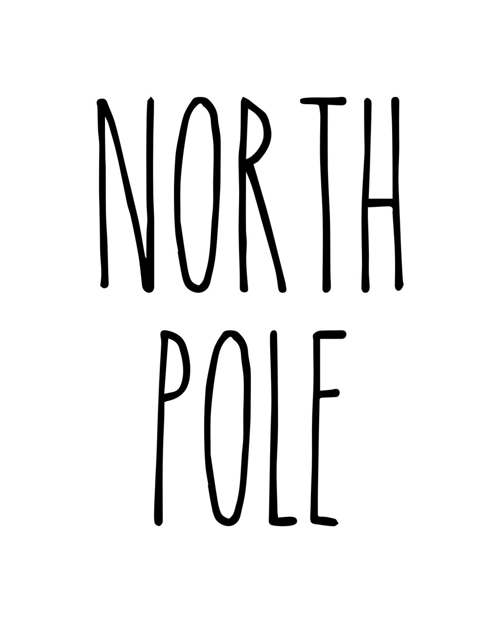 North Pole Christmas vinyl decal featuring tall skinny farmhouse style handwritten lettering arranged in two lines on glass window