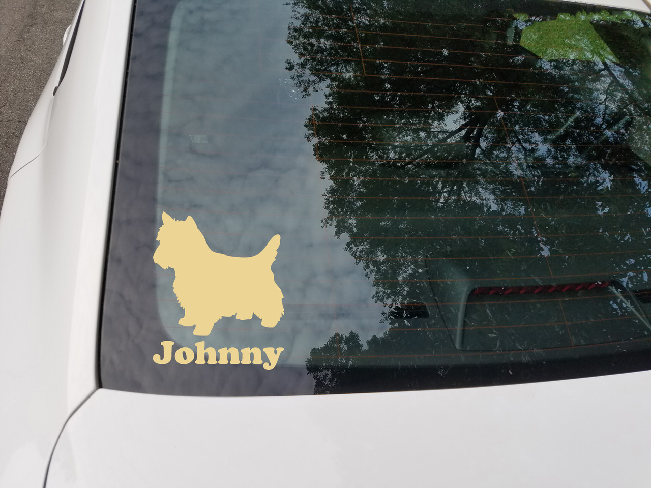 Cairn Terrier personalized name vinyl decal with standing dog silhouette and mirror option