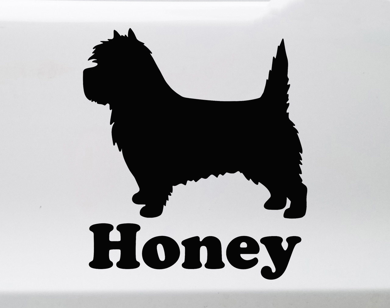 Cairn Terrier personalized name vinyl decal V2 with shaggy Toto dog silhouette and custom pet name