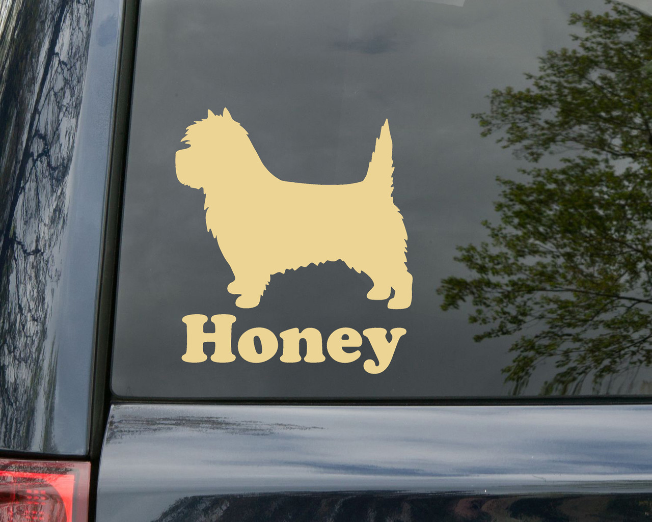 Cairn Terrier personalized name vinyl decal V2 with shaggy Toto dog silhouette and custom pet name
