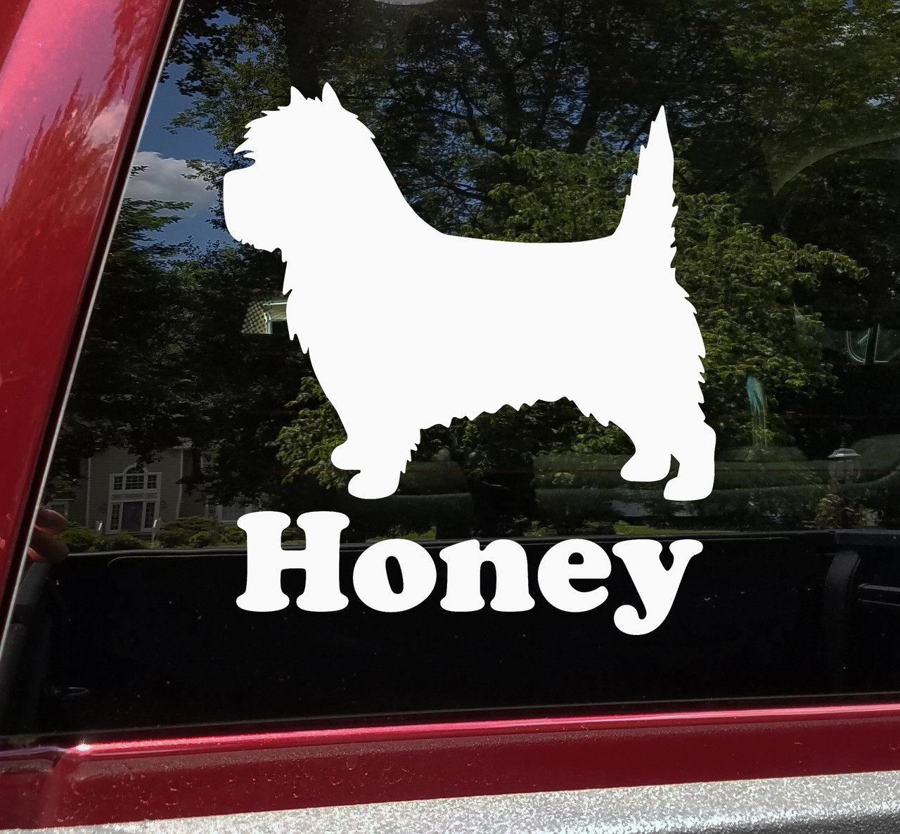 Cairn Terrier personalized name vinyl decal V2 with shaggy Toto dog silhouette and custom pet name