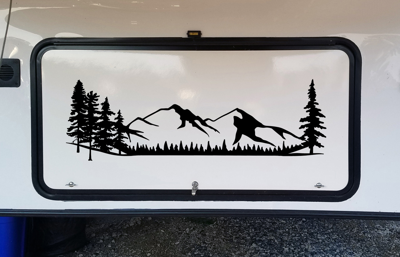 Mountains Forest Scene Vinyl Decal V1 - Camper RV Travel Trailer Graphics 4x4 - Die Cut Sticker