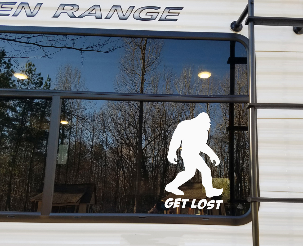 Bigfoot Get Lost vinyl decal featuring walking Sasquatch silhouette above bold GET LOST lettering for RV camper truck and vehicle windows