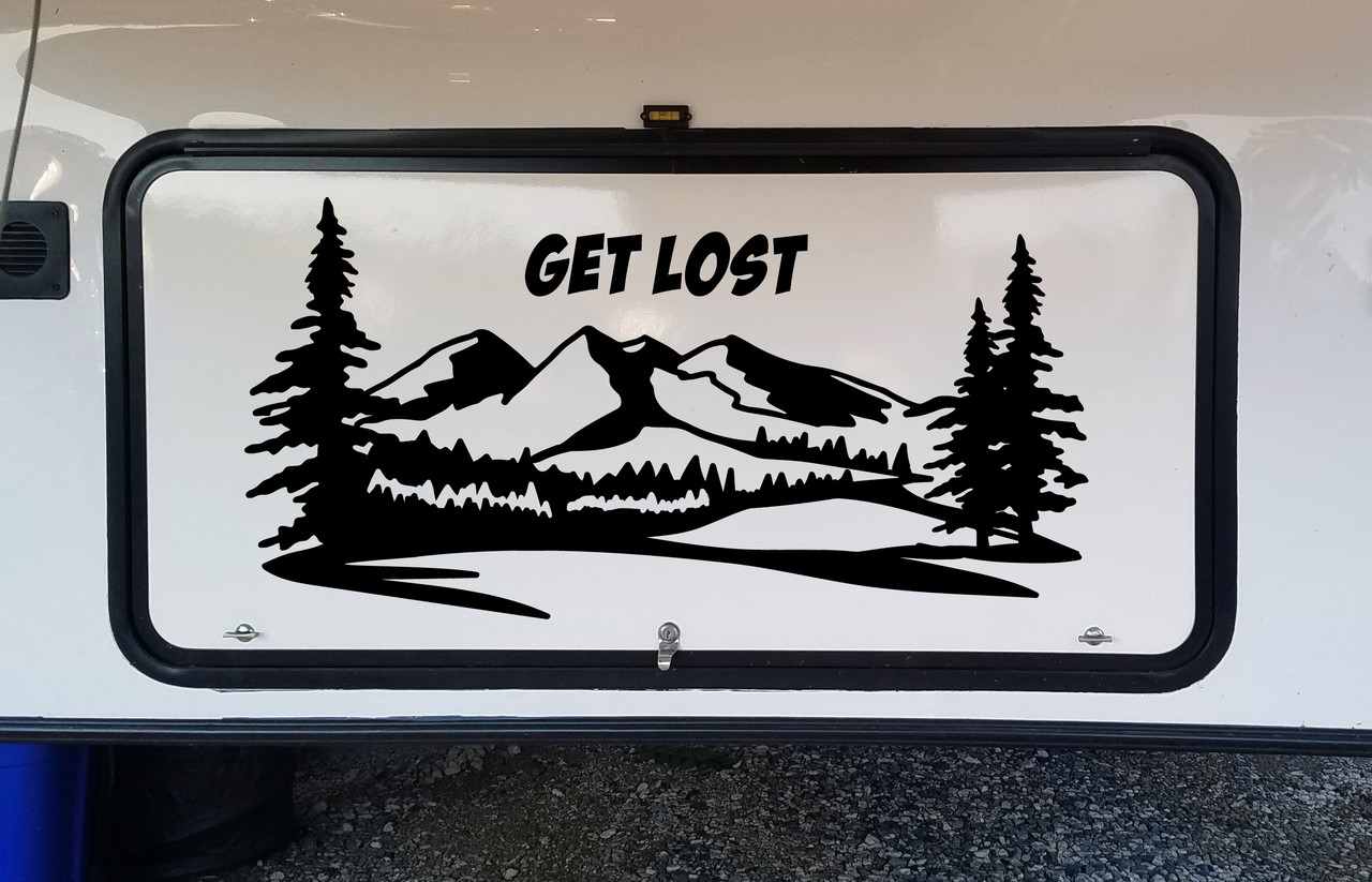 Get Lost Mountain Scene Vinyl Decal V1 - Camper RV Travel Trailer Graphics - Die Cut Sticker