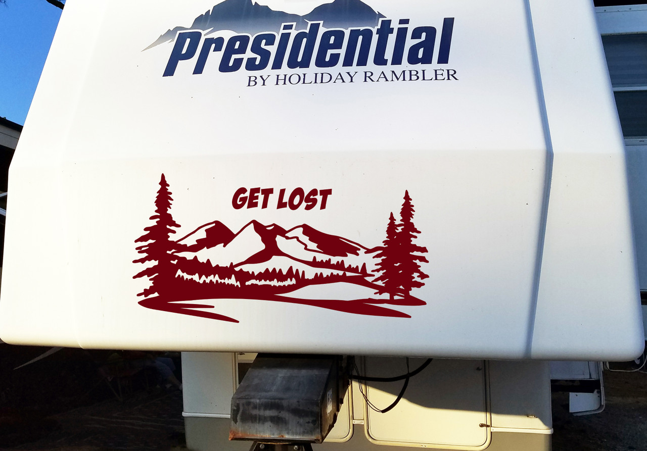 Get Lost Mountain Scene Vinyl Decal V1 - Camper RV Travel Trailer Graphics - Die Cut Sticker
