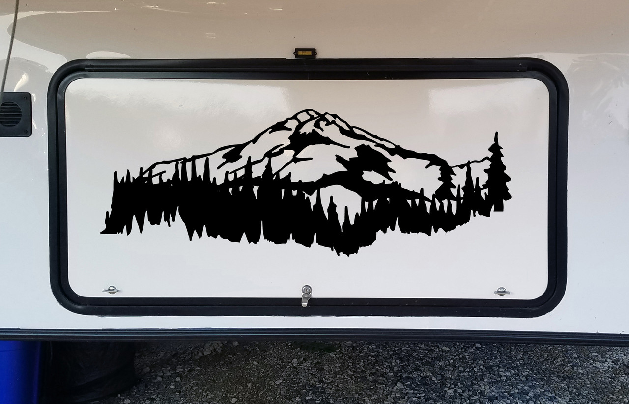 Mountains Forest Scene Vinyl Decal V5 - Camper RV Travel Trailer Graphics 4x4 - Die Cut Sticker