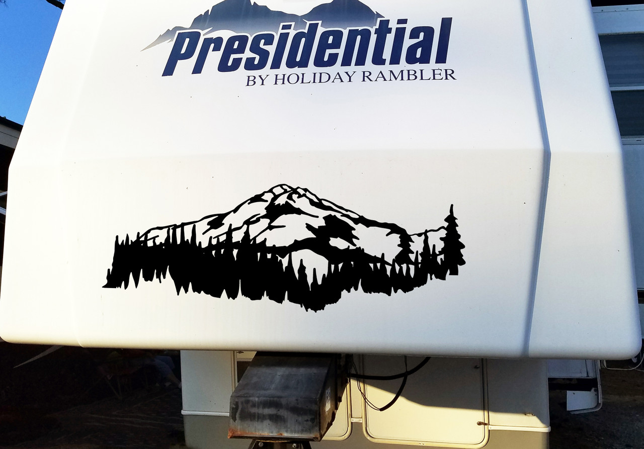 Mountains Forest Scene Vinyl Decal V5 - Camper RV Travel Trailer Graphics 4x4 - Die Cut Sticker
