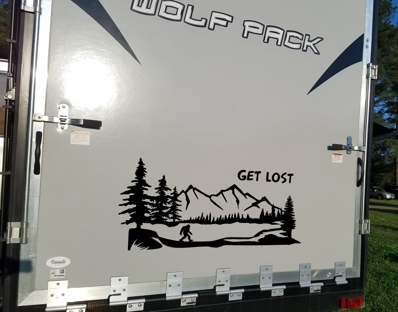 Get Lost Bigfoot Mountain Scene Vinyl Decal - Camper Sasquatch RV Graphics Trees - Die Cut Sticker