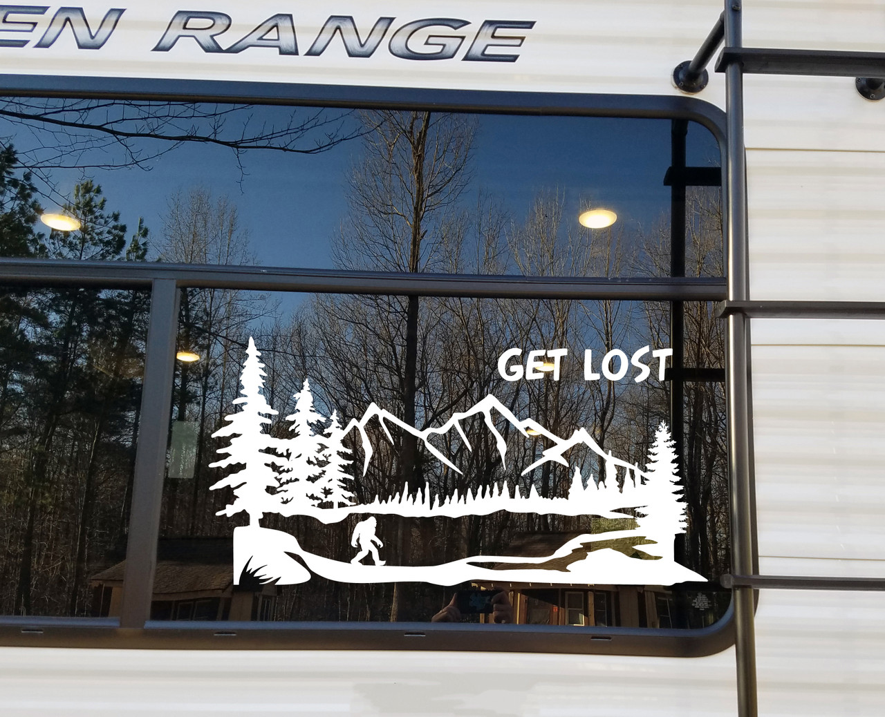 Bigfoot Get Lost Mountain Scene Vinyl Decal | RV Camper