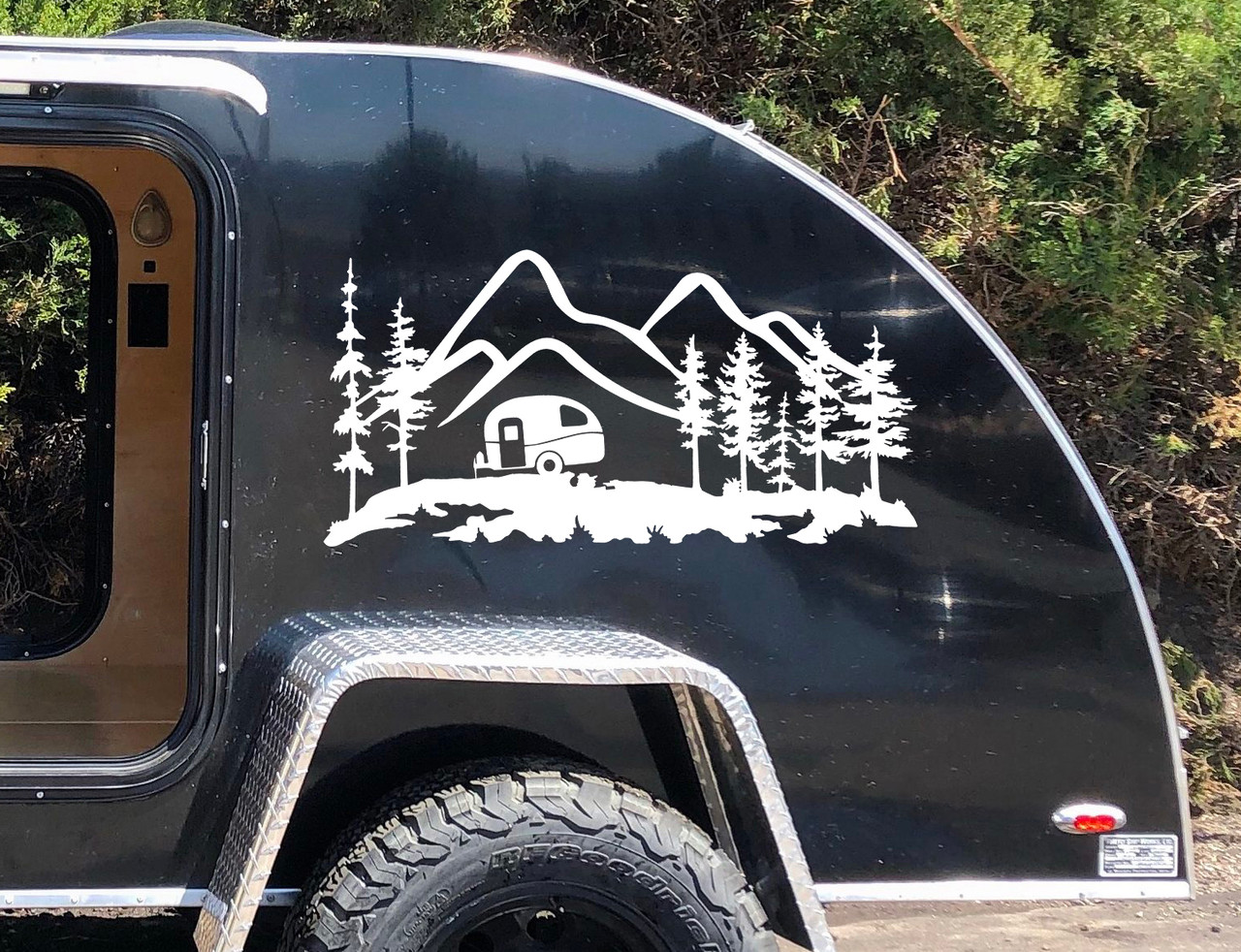 Mountain Travel Trailer Scene V2 Vinyl Decal - Camping - Forest - Die Cut Sticker