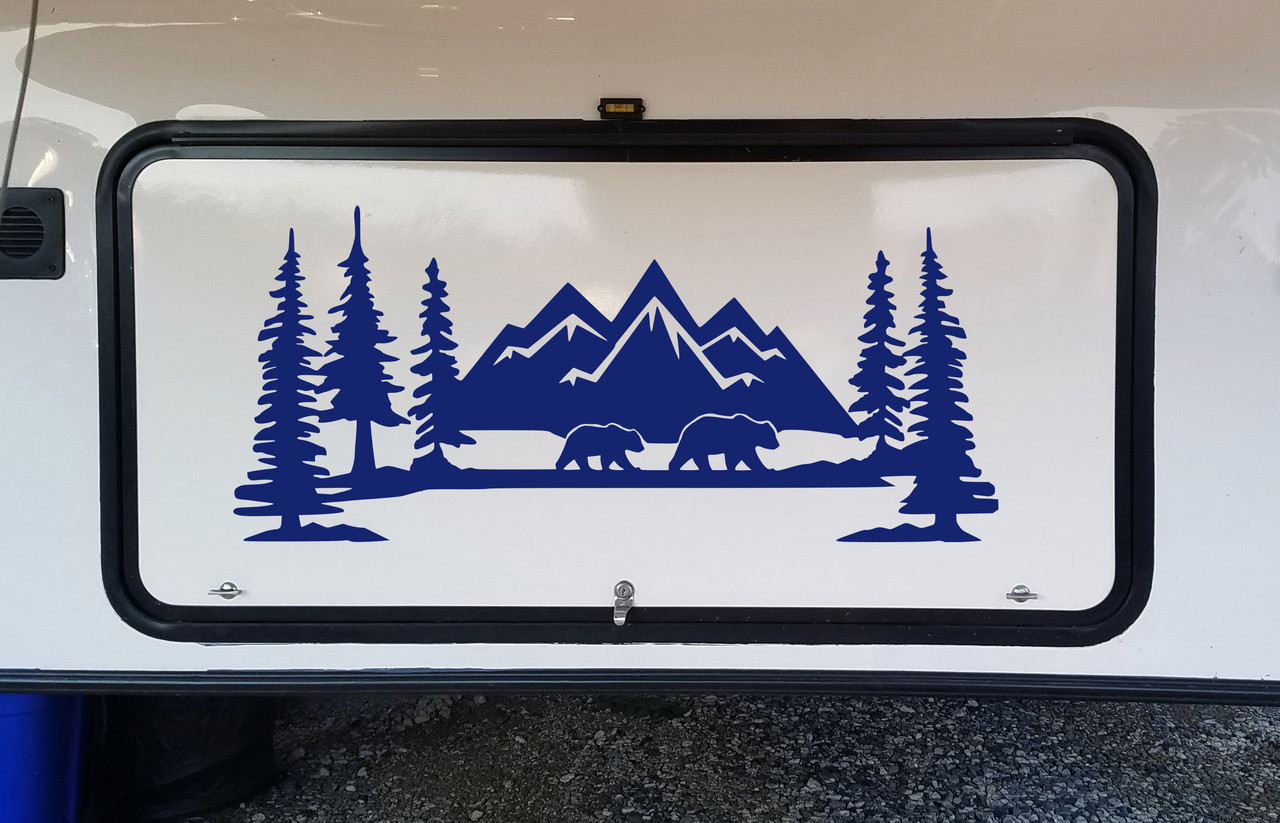 Mountains Bears Forest Scene Vinyl Decal V2 - Camper RV Travel Trailer Graphics 4x4 - Die Cut Sticker