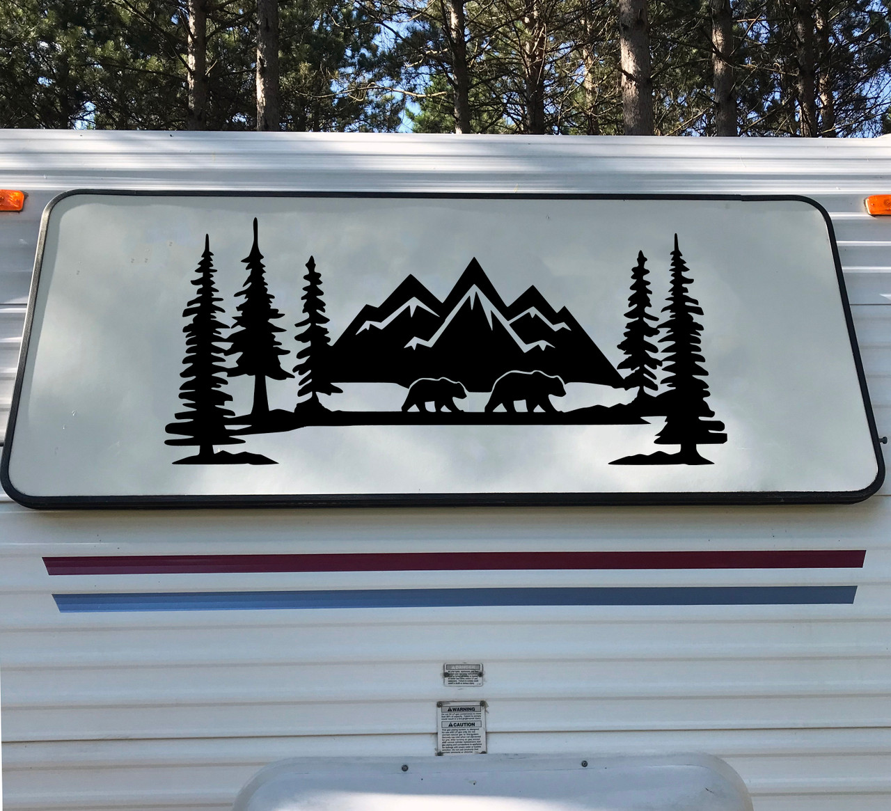 Mountains Bears Forest Scene Vinyl Decal V2 - Camper RV Travel Trailer Graphics 4x4 - Die Cut Sticker