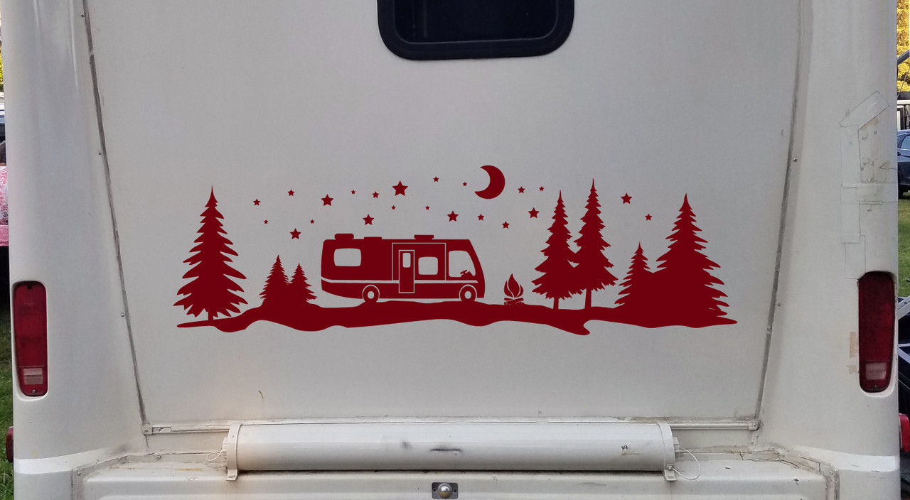 RV Moon Stars Trees Scene Vinyl Decal - Forest Camper Campfire Graphics - Die Cut Sticker