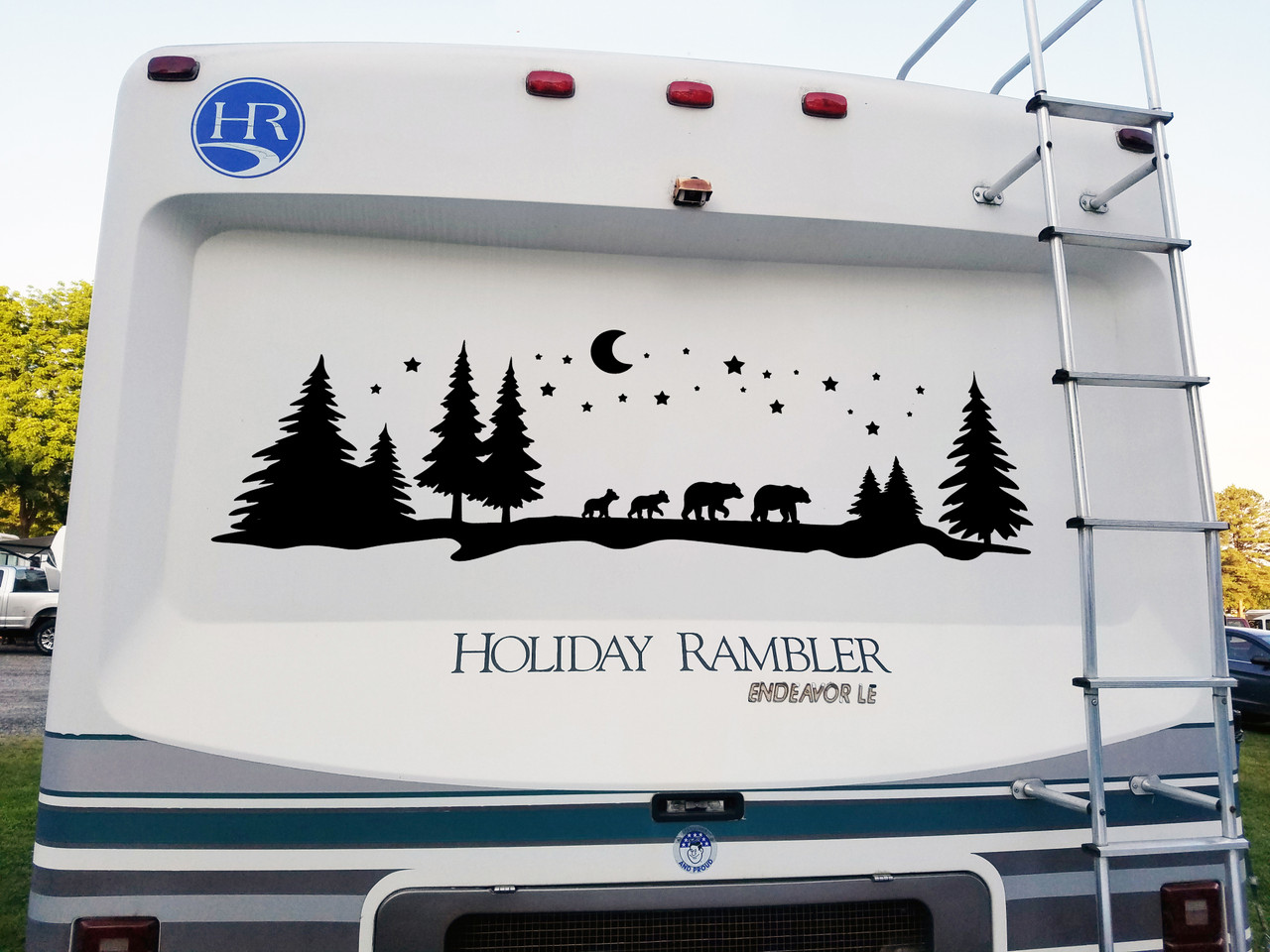 Bear Family Moon Stars Trees Scene Vinyl Decal - Forest Camper Graphics - Die Cut Sticker
