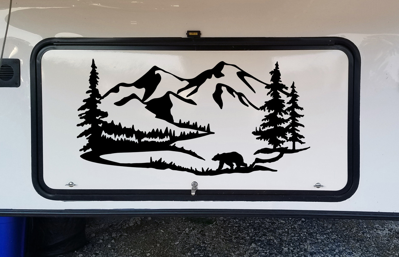 Bear Mountain Trees Scene Vinyl Decal V3 - Camper RV Graphics - Die Cut Sticker