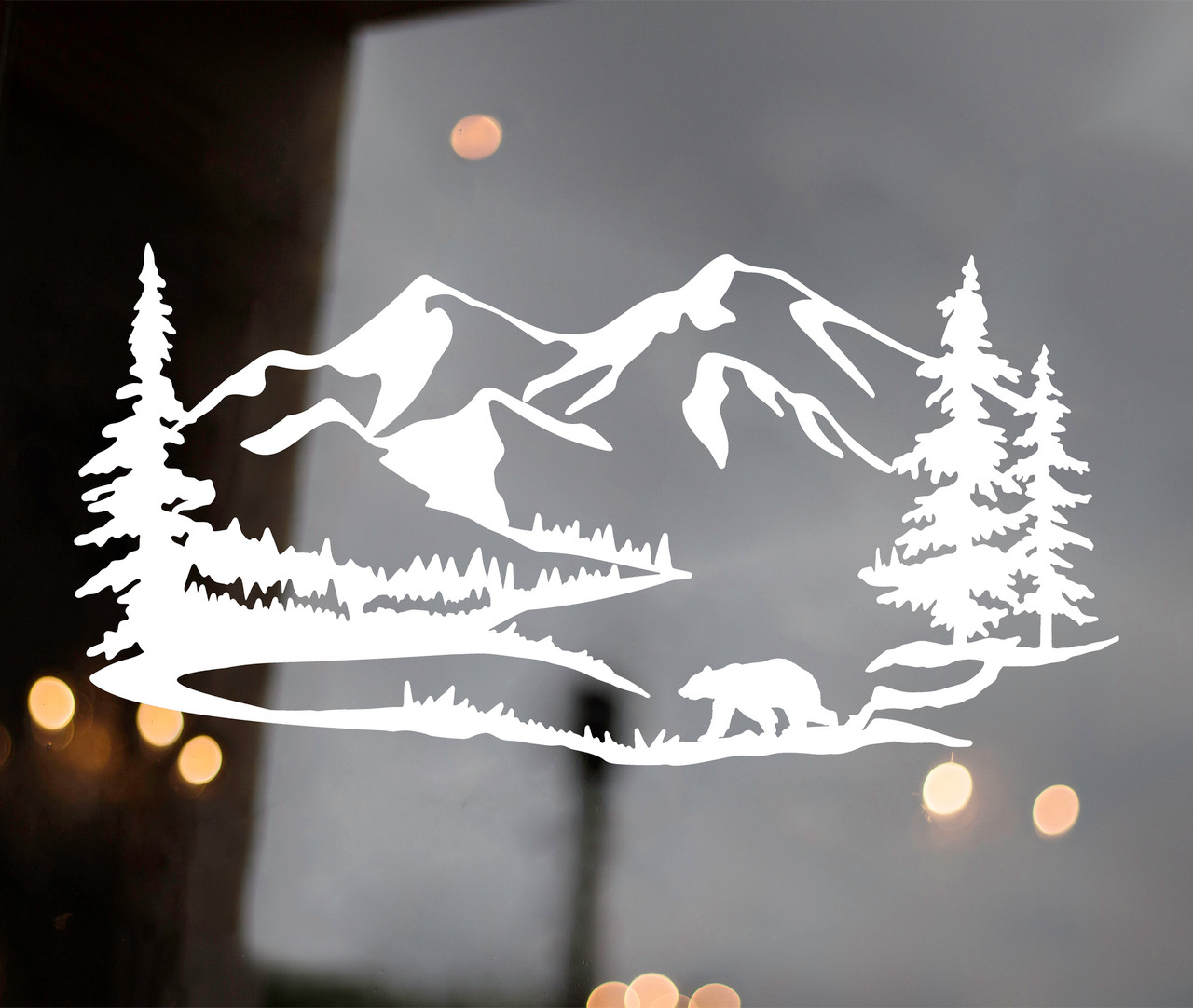 Bear Mountain Trees Scene Vinyl Decal V3 - Camper RV Graphics - Die Cut Sticker