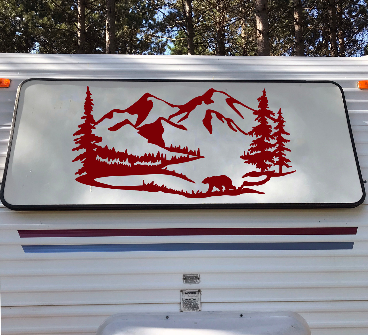 Bear Mountain Trees Scene Vinyl Decal V3 - Camper RV Graphics - Die Cut Sticker