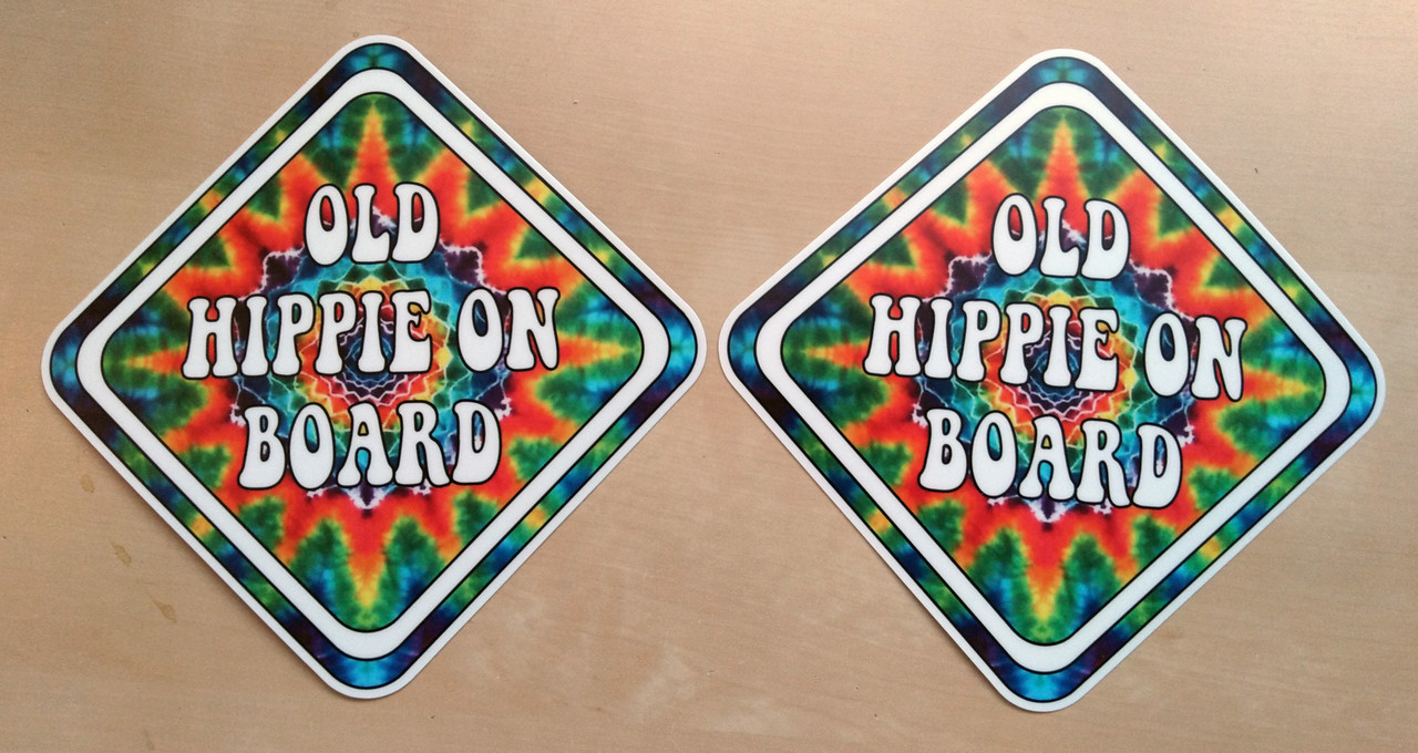 Set of 2 Old Hippie on Board 4" Die Cut Vinyl Decals Stickers - Deadhead Flower Power Tie Dye - 2-pack
