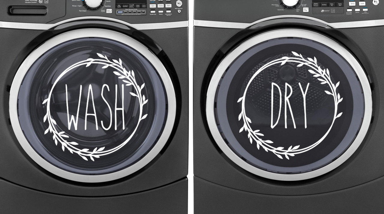 Wash Dry Wreath Vinyl Decals - Skinny Farmhouse Washer Dryer Laundry Room Decor - Die Cut Stickers
